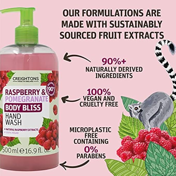 CREIGHTONS BODY BLISS RASPBERRY AND POMEGRANATE HAND WASH (500 ML) - REVITALISE YOUR SENSES AND BOOST YOUR ENERGY WITH JUICY EXTRACTS OF RASPBERRY & POMEGRANATE, VEGAN FRIENDLY & CRUELTY FREE - Image 4